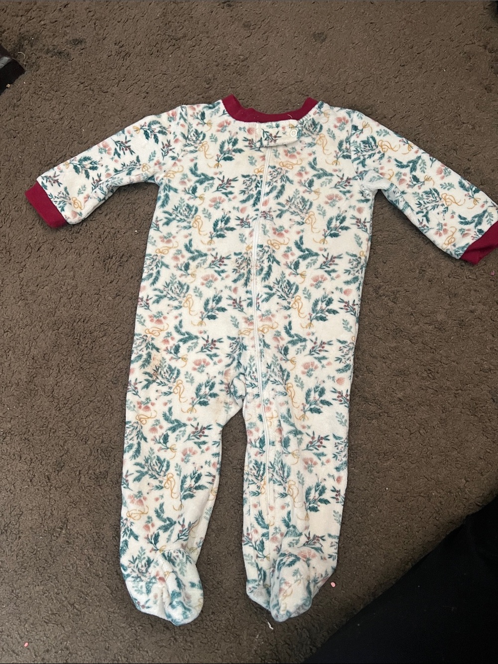 Floral Print Cream Baby One-Piece with Burgundy Trim